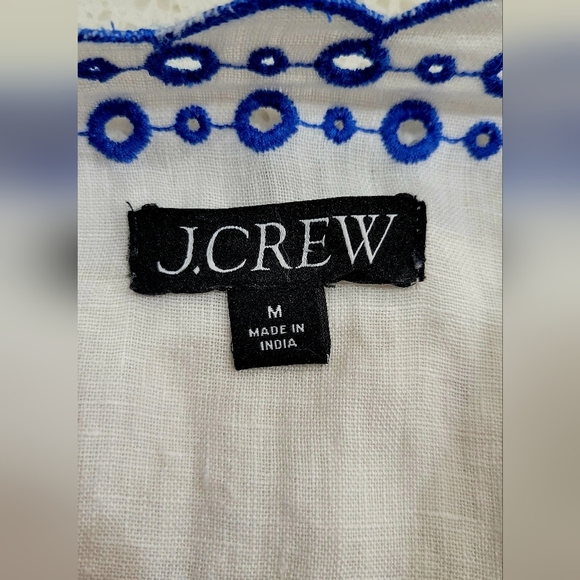 J. Crew White Linen Boho Blouse with Blue Embroidery | Size Medium - Picture 4 of 5